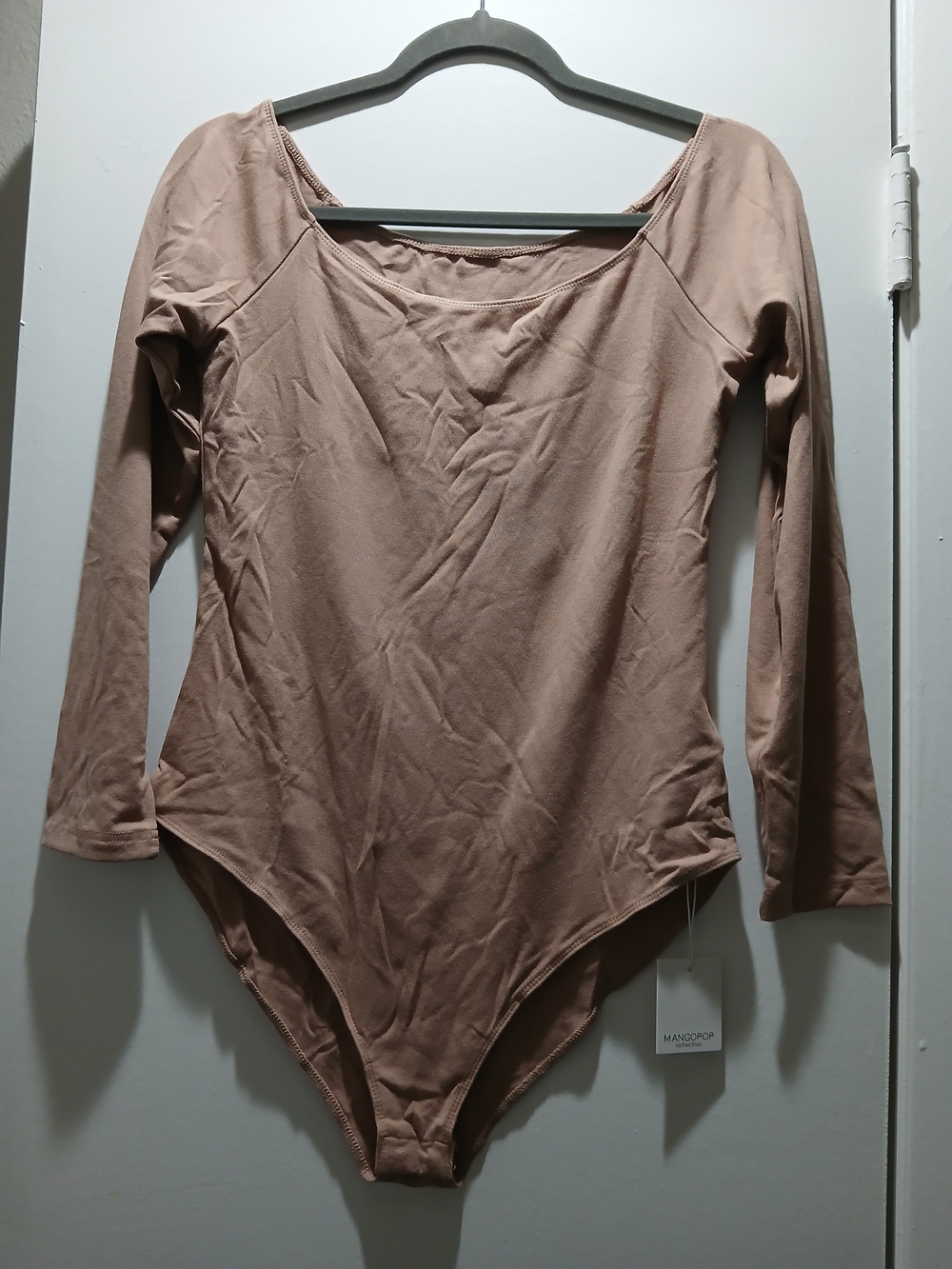 Mango Long Sleeve Scoop Neck Bodysuit - Tan